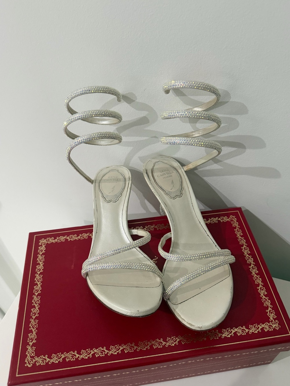 Rene Caovilla White Crystal Spiral Ankle-Strap Sandals - Picture 4 of 4
